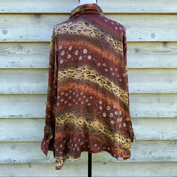 Vintage 90s Bob Mackie Silk Floral Leopard Print Button Down Long Sleeve Shirt - Picture 15 of 16